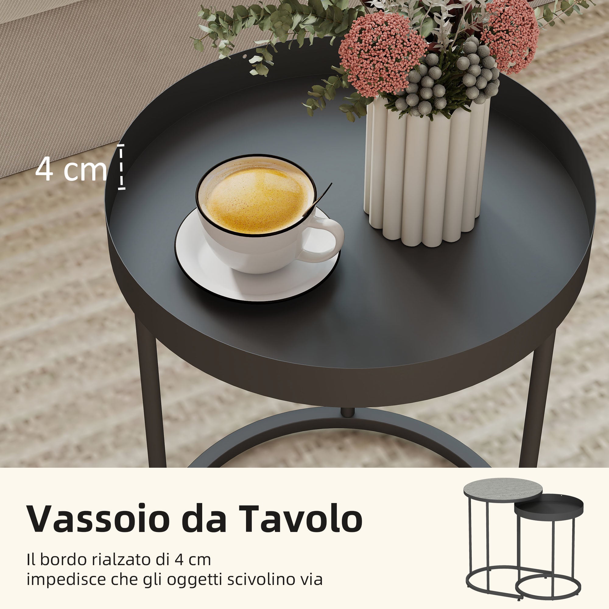 Set 2 Tavolini da Salotto Impilabili in Stile Industriale Ø42x54 cm e Ø36,5x48,5 cm in Legno e Metallo Grigio e Nero