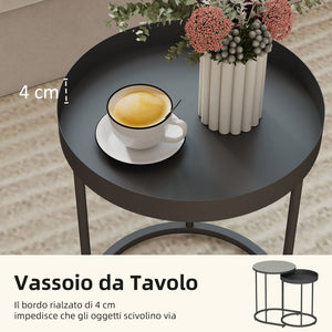 Set 2 Tavolini da Salotto Impilabili in Stile Industriale Ø42x54 cm e Ø36,5x48,5 cm in Legno e Metallo Grigio e Nero