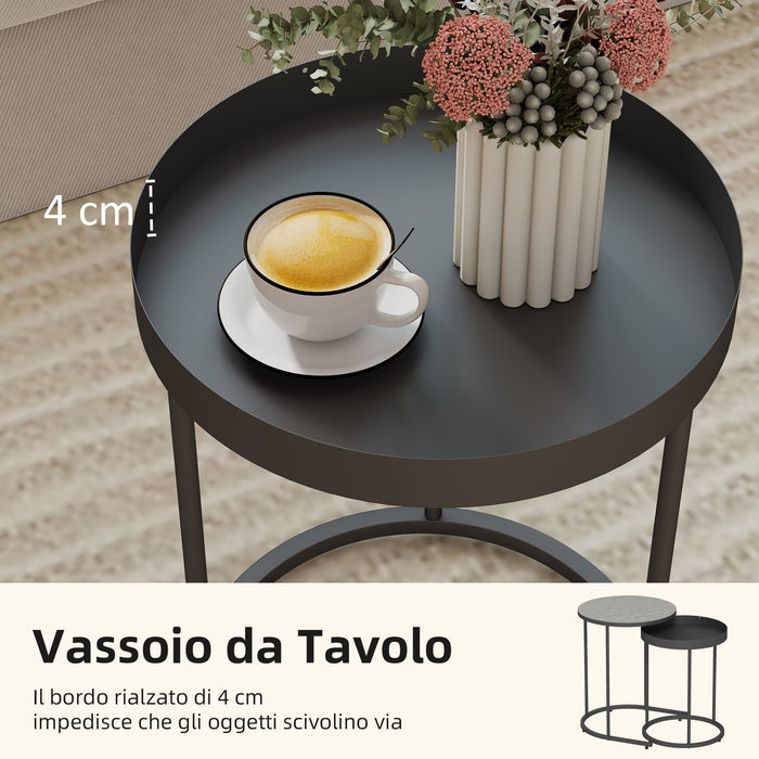 Set 2 Tavolini da Salotto Impilabili in Stile Industriale Ø42x54 cm e Ø36,5x48,5 cm in Legno e Metallo Grigio e Nero
