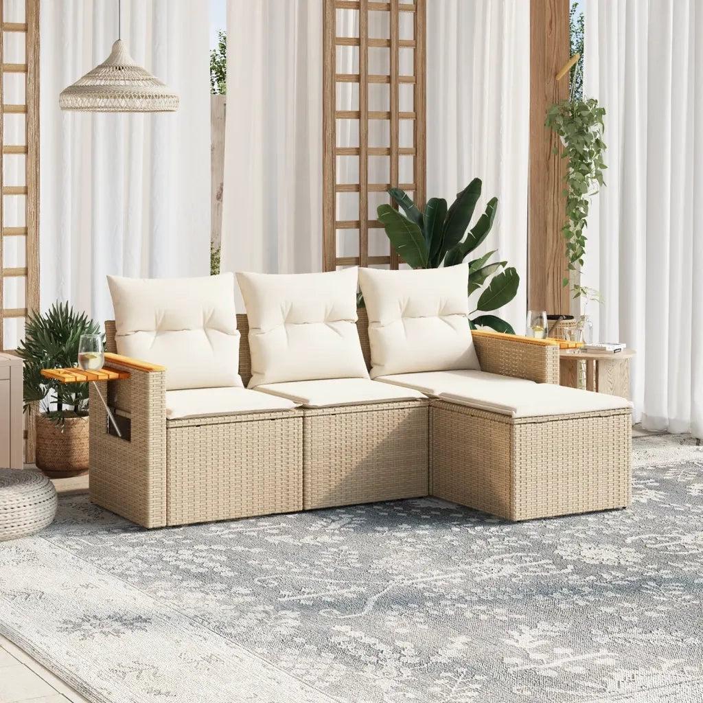 Set Divano da Giardino 4 pz | Set Salotto da Giardino con Cuscini Beige in Polyrattan