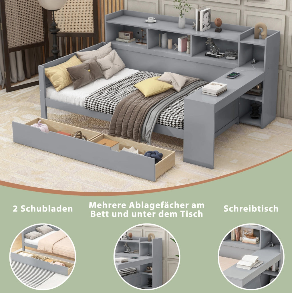 Letto con scrivania, contenitori e ricarica integrata, 90 x 200 cm, grigio