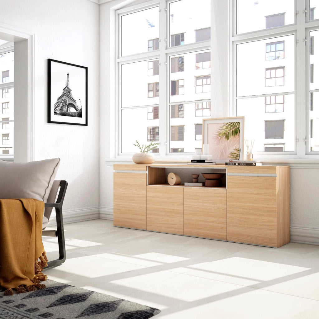 Credenza, Mobile, Cucina, 200x75x35cm, 4 Porte, grande stoccaggio, Rovere soft e bianco