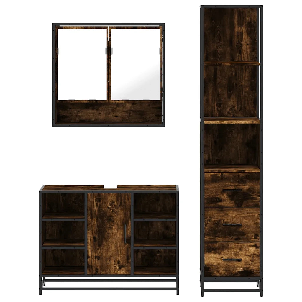 Set Mobili da Bagno 3 pz Rovere Fumo in Legno Multistrato
