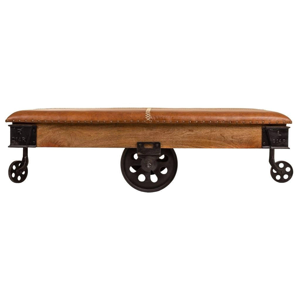 Tavolino in legno, metallo e pelle marrone 165x90x52h