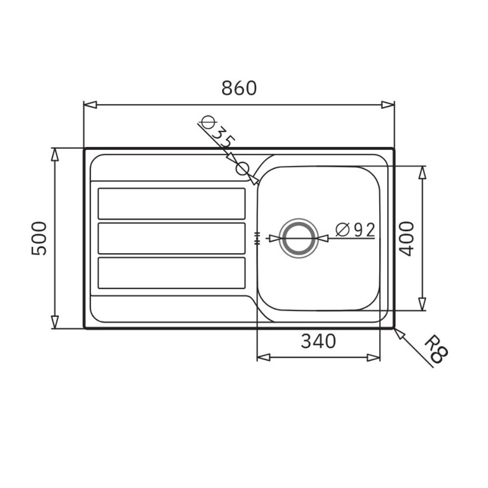 Lavello da incasso Tirreno861 in acciaio inox con vasca e gocciolatoio sinistro 86x50