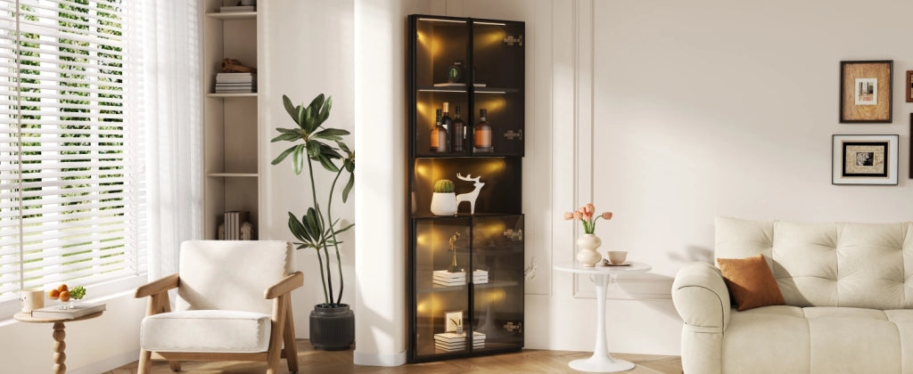 Vetrina angolare triangolare con LED e vano aperto con 2 ante in vetro per soggiorno in MDF nero 62 × 32 × 160 cm