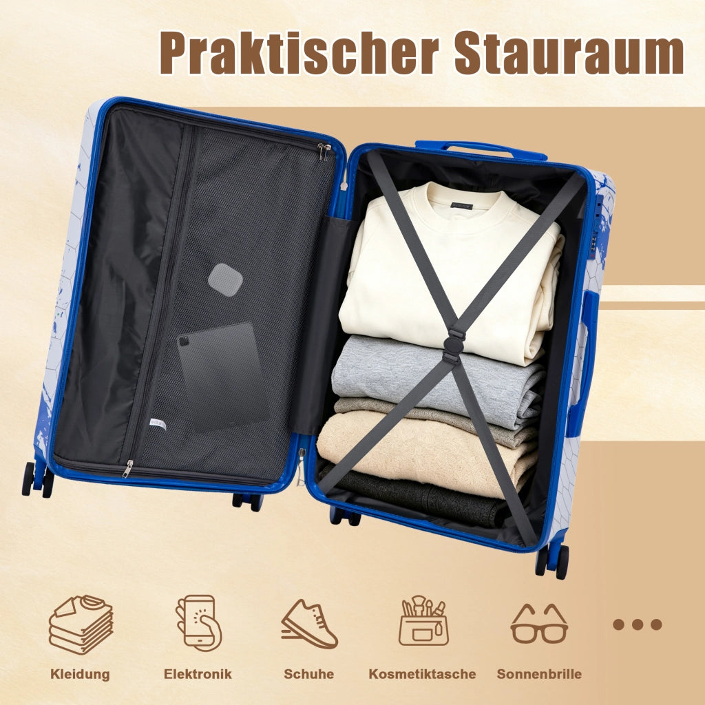 Set di 3 valigie da 20"/24"/28" in materiale PC con stampa fantasia e lucchetto a combinazione (blu)