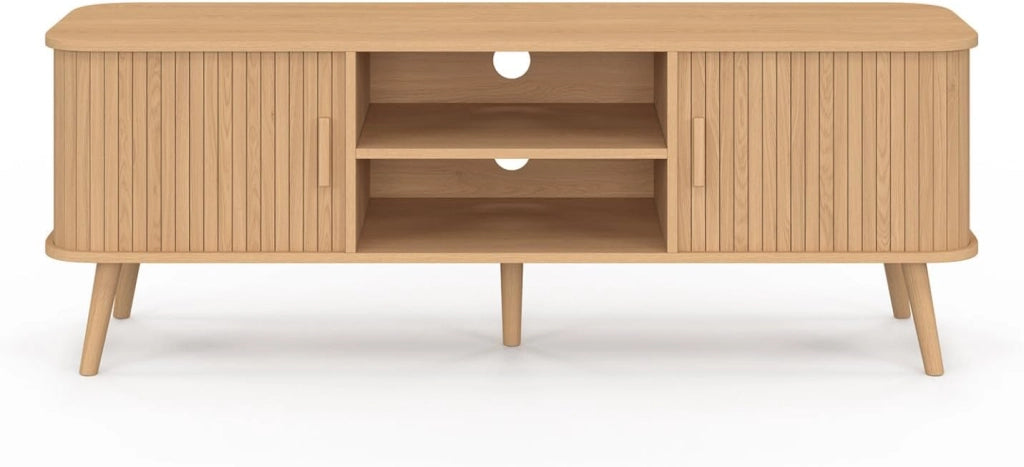 Mobile TV ROMIE 140 cm con 2 ante scorrevoli, doghe in legno color rovere
