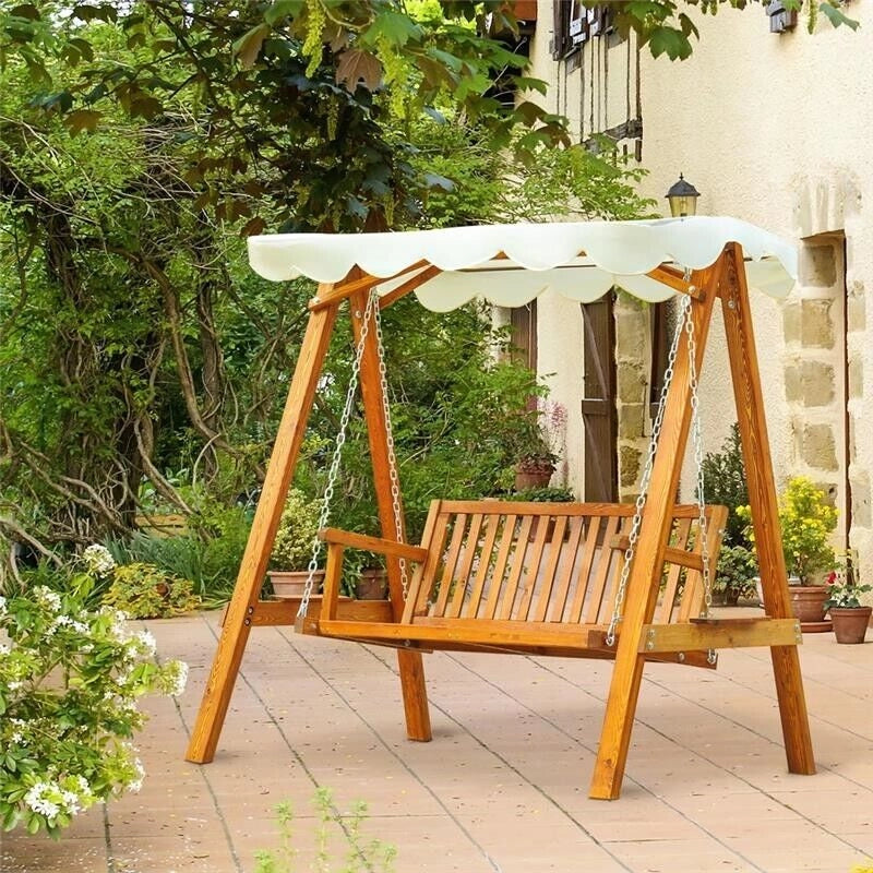 DONDOLO DA GIARDINO 2 POSTI IN LEGNO DI PINO CON TETTUCCIO PARASOLE BIANCO