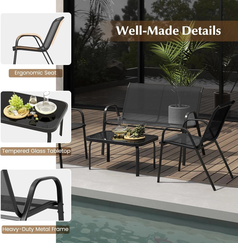 Set di 4 mobili da giardino per esterni, set di mobili da giardino, mobili da balcone, per terrazze, esterni, con tavolino da caffè e panca da giardino e 2 sedie da pranzo, set per 4 persone