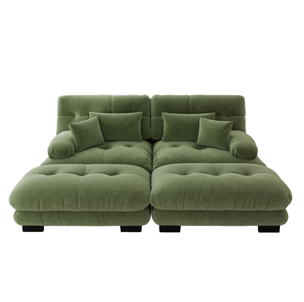 Divano angolare in chenille verde con 2 cuscini lombari, 2 cuscini decorativi e 2 pouf