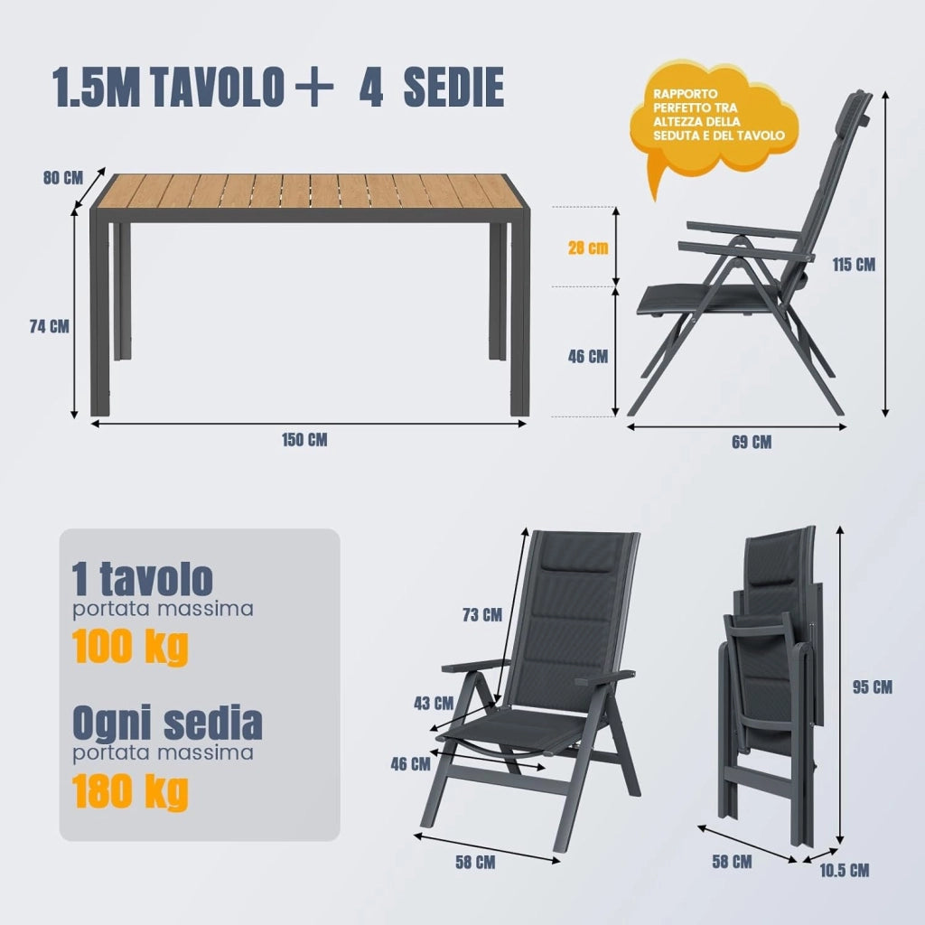 Set Tavolo e Sedie da Giardino 5 Pezzi, Composto da Tavolo 150 cm in Alluminio e 4 Sedie Pieghevoli, Tavolo da Giardino con Finitura a Vena di Legno con Sedie da Terrazza, Balcone, Naturale