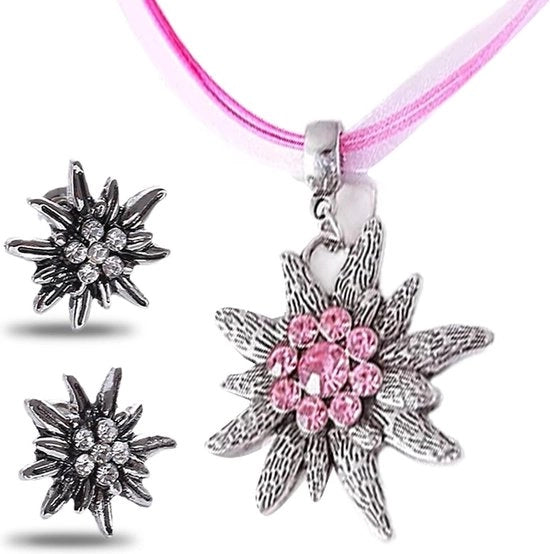 Set di 3 accessori per abbigliamento per donne - pendente edelweiss rosa - orecchini e collana - catenina per festa di birra - decorazione per abbigliamento dirndl Large .