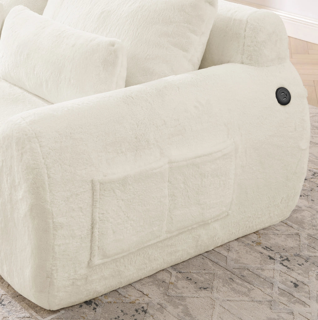 Divano 2 posti in tessuto effetto pelo di coniglio con USB e tasca laterale; beige