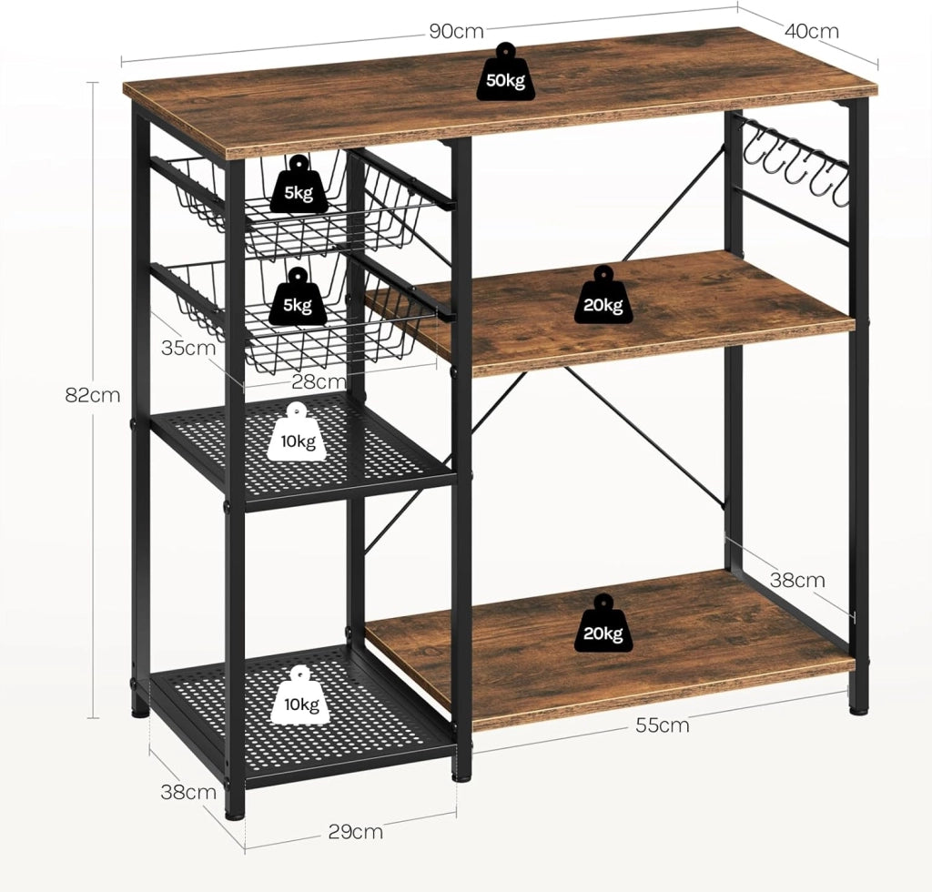 Scaffale da Cucina con 2 Cestelli Estraibili, Supporto per Microonde con 2 Ripiani in Rete Metallica, Scaffalatura Portaoggetti con 5 Ganci, 90x40x82 cm, Marrone Rustico + Nero