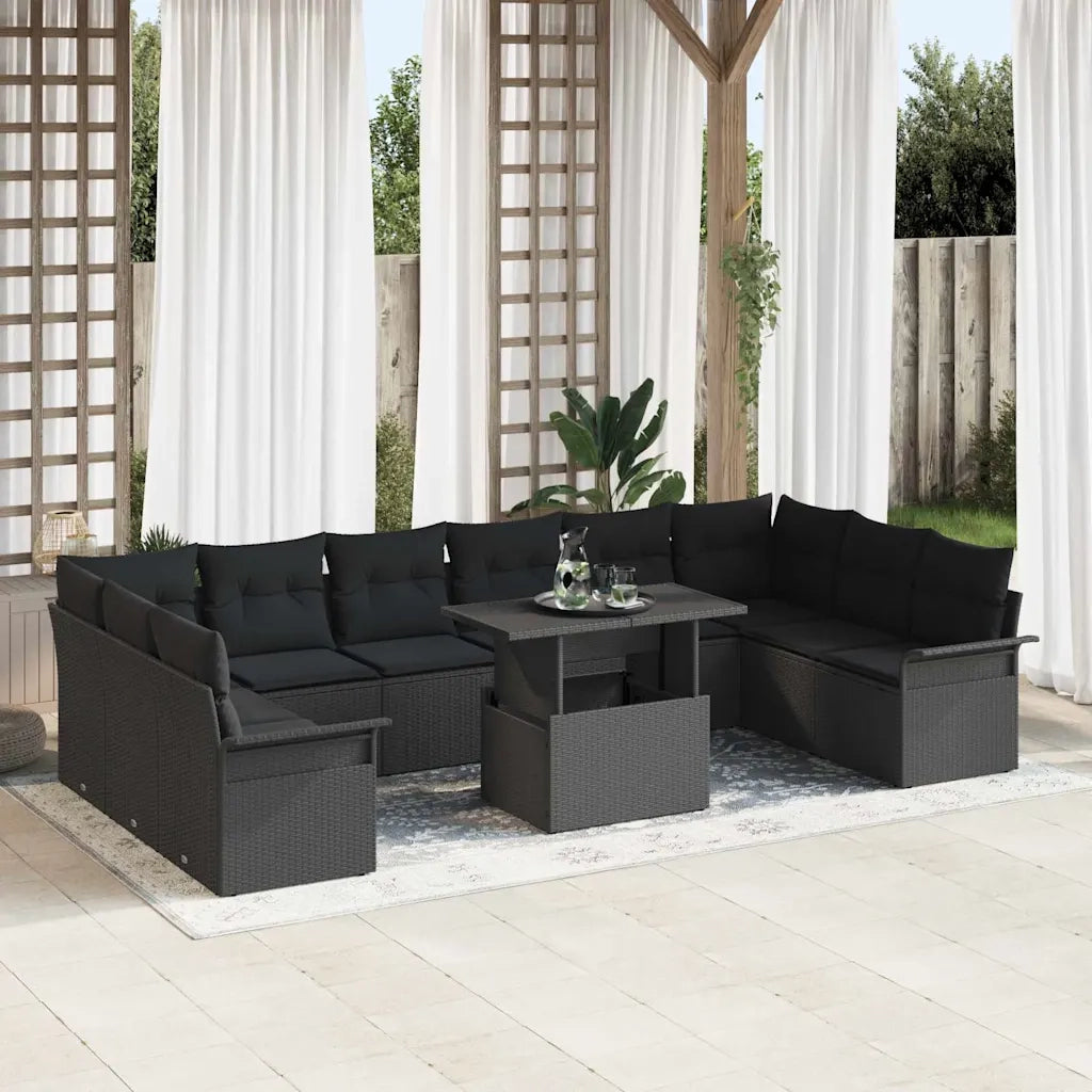 Set Divano da Giardino con cuscino 11 pcs Nero Poly Rattan