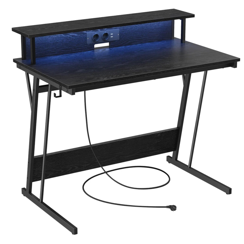 Scrivania da gioco con LED e multipresa tavolo da gioco scrivania per computer con alzata per schermo per 2 computer per camera da letto nera 12_0004634