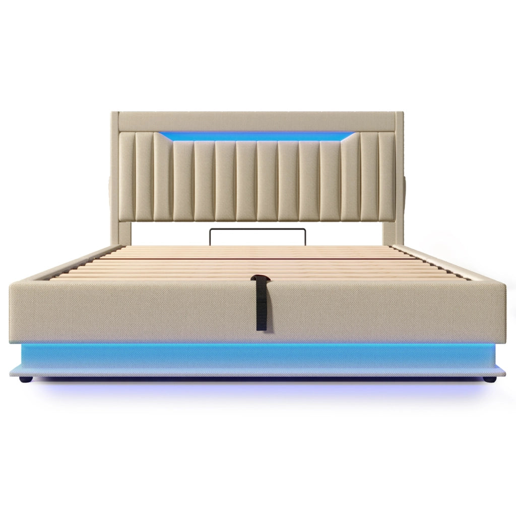 Letto matrimoniale 140x200 cm in lino beige con LED; USB e contenitore idraulico; con materasso