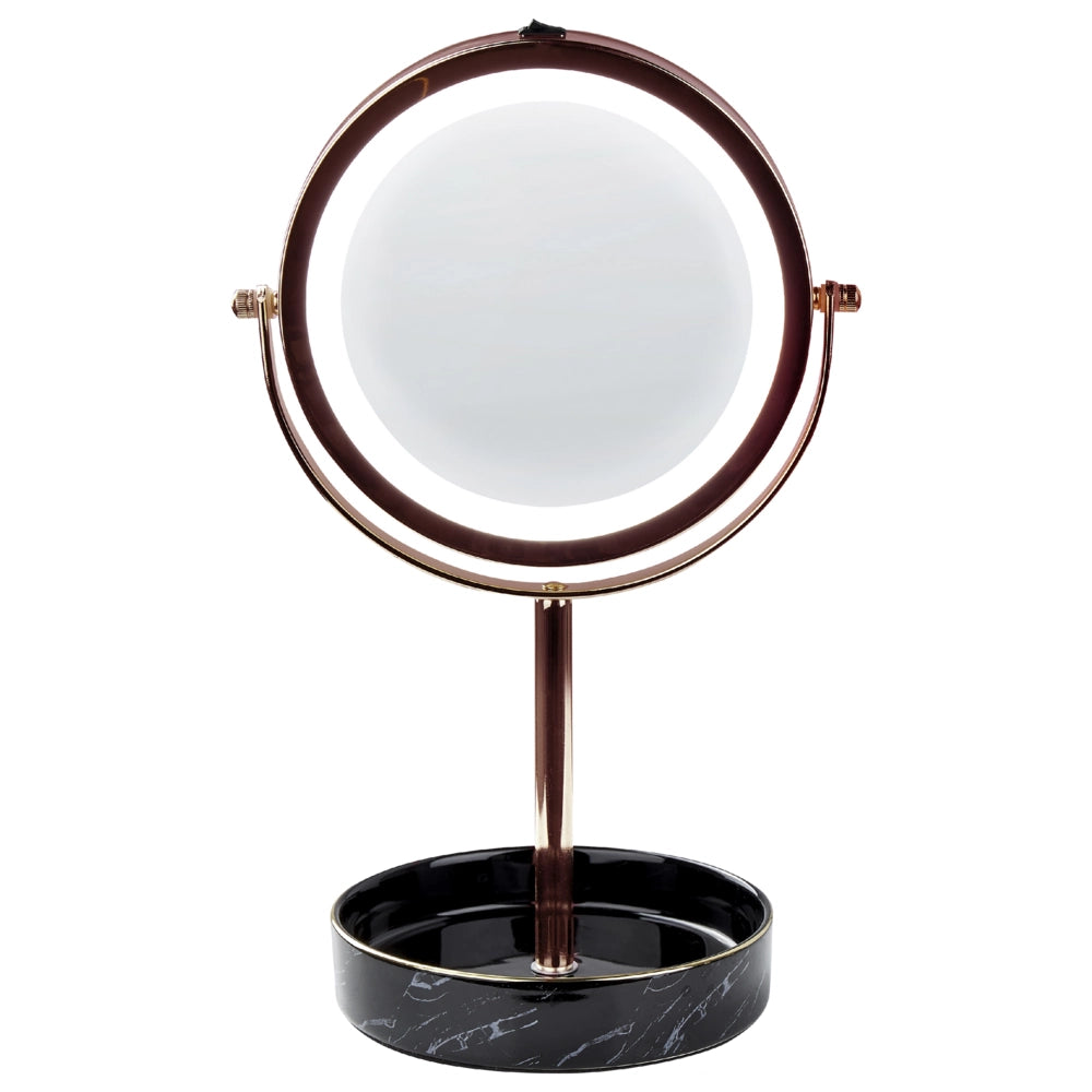 Specchio trucco con luci LED e telaio in ferro Ø 20 cm in color oro rosa e nero moderno