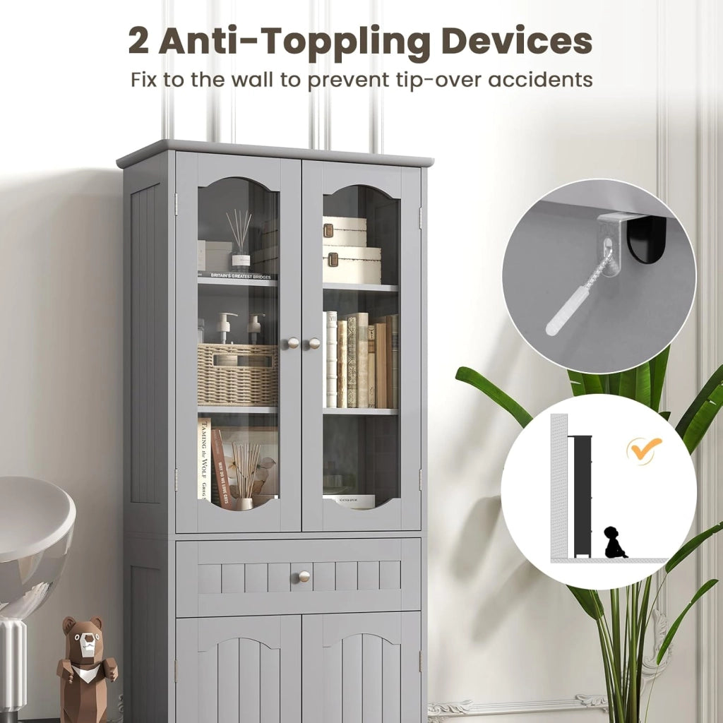 Mobile da Bagno a Terra, Armadietto da Bagno Alto, Mobiletto da Bagno Moderno, con 4 Ante in Vetro e 1 Cassetto, Ripiani Regolabili in Altezza, Ampio Spazio di Stoccaggio per Casa (Grigio)