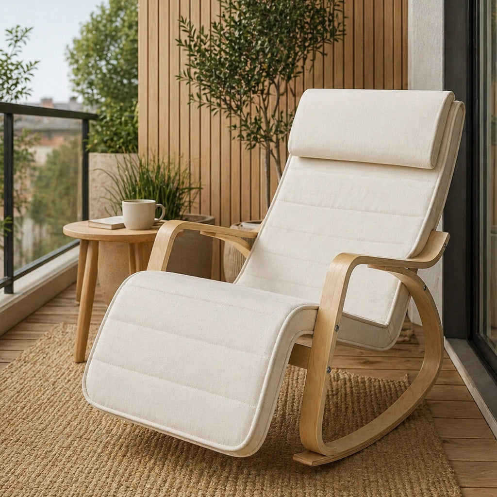 Poltrona A Dondolo Reclinabile In Legno E Acciaio Con Poggiapiedi Regolabile 5 Posizioni Seduta Imbottita 121.5 x 55 x 84 Cm Beige