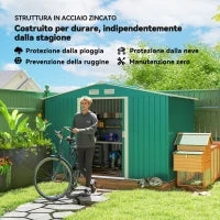 Casetta da Giardino 4.9 m² con Fondazione, 4 Prese d'Aria e 2 Porte Scorrevoli, Capanno Porta Attrezzi in Lamiera d'Acciaio, 277x195x192 cm, Verde Scuro
