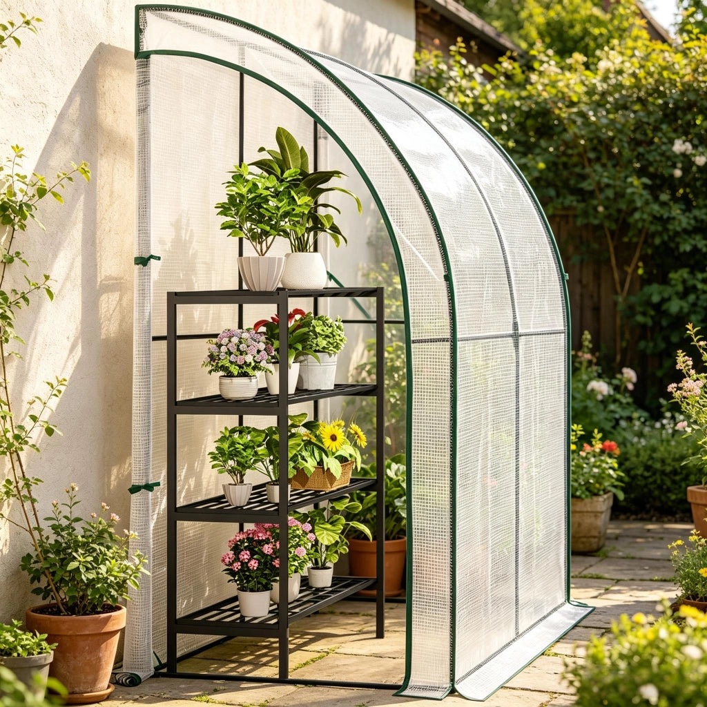 Serra a tunnel addossata con 2 porte avvolgibili e tetto semicircolare in metallo e polietilene bianco 200 × 100 × 210 cm