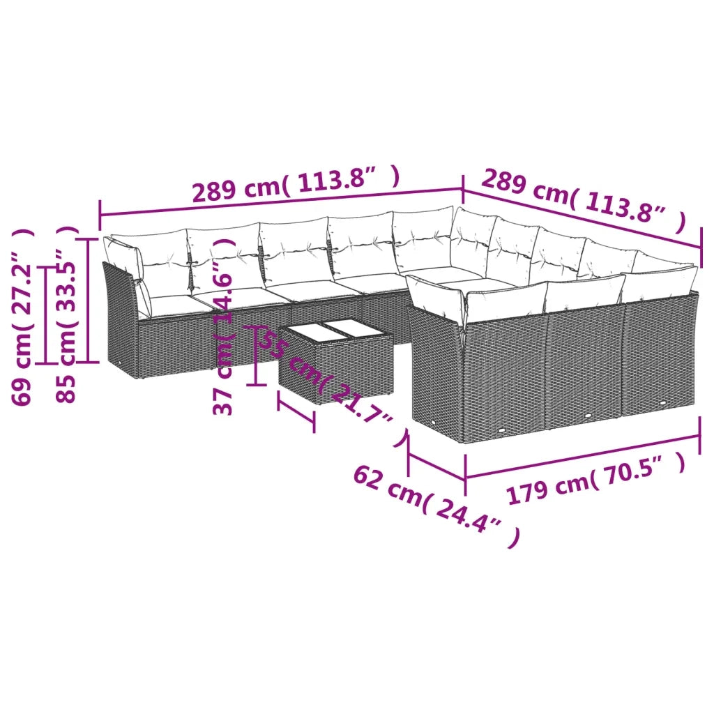 Set Divani da Giardino 12 pz con Cuscini Beige in Polyrattan