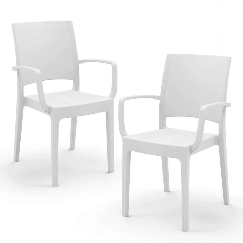 Set 2 sedie con braccioli in polipropilene FLORA, MADE IN ITALY, impilabile, resistente ai raggi UV, design moderno, ideale per interno ed esterno, colore Bianco