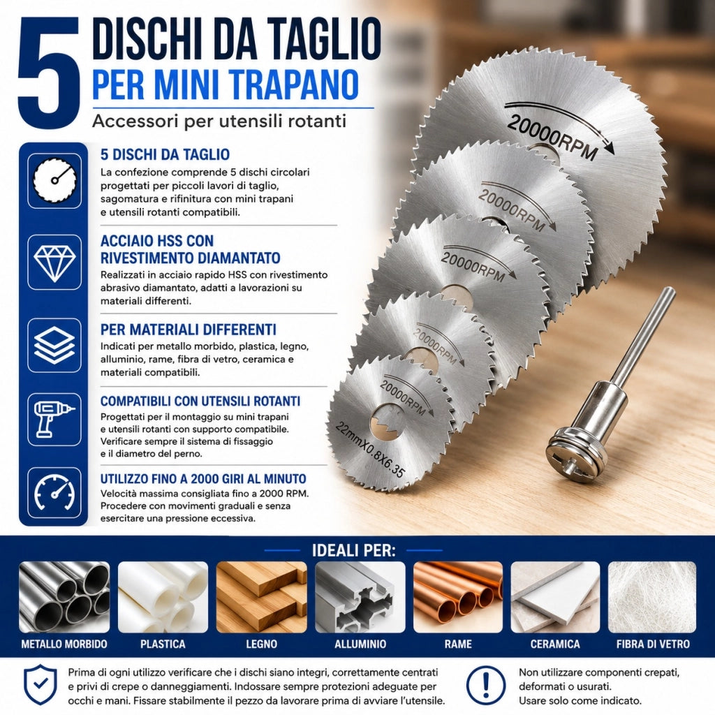 5 Dischi da Taglio HSS Diamantati 22-44 mm per Mini Trapano 47362