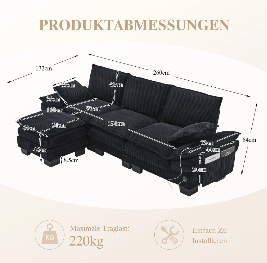 Divano modulare a 3 posti con pouf contenitore; in corduroy nero; 260 cm; con USB-C