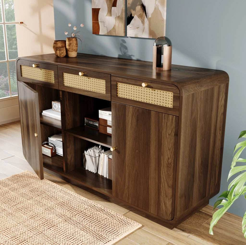 Credenza 120 cm noce con rattan, 3 cassetti e vani