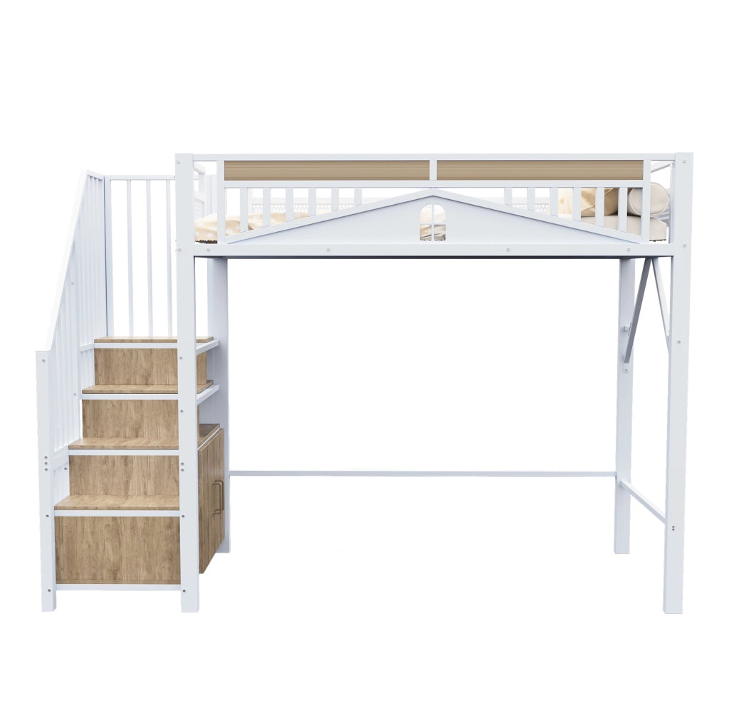 Letto a soppalco 90x200 cm con scala contenitore e recinto di sicurezza; bianco
