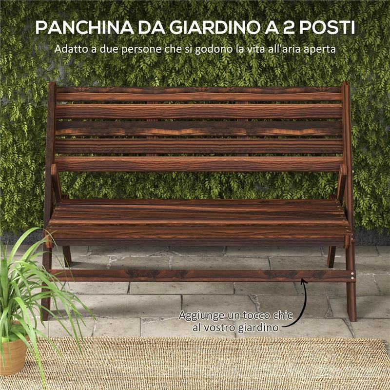 PANCHINA DA GIARDINO 2 POSTI PIEGHEVOLE A DOGHE IN LEGNO DI PINO, 122X63X83 CM, CARBONIZZATO