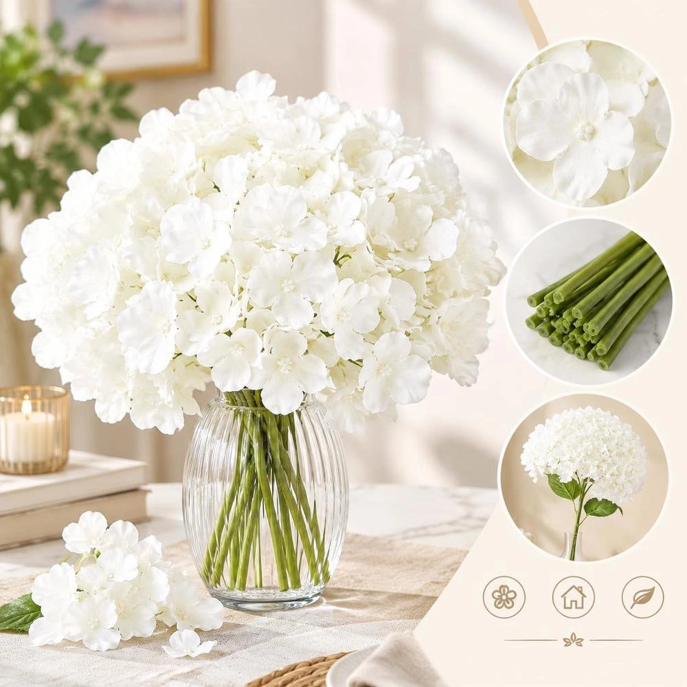 Artificial Flowers, 105 Pieces Of White Artificial Silk Hydrangeas, White Artificial Flowers With Stems For DIY Wedding Bouquets, Table Decorations For Home, Party Table Decorations
