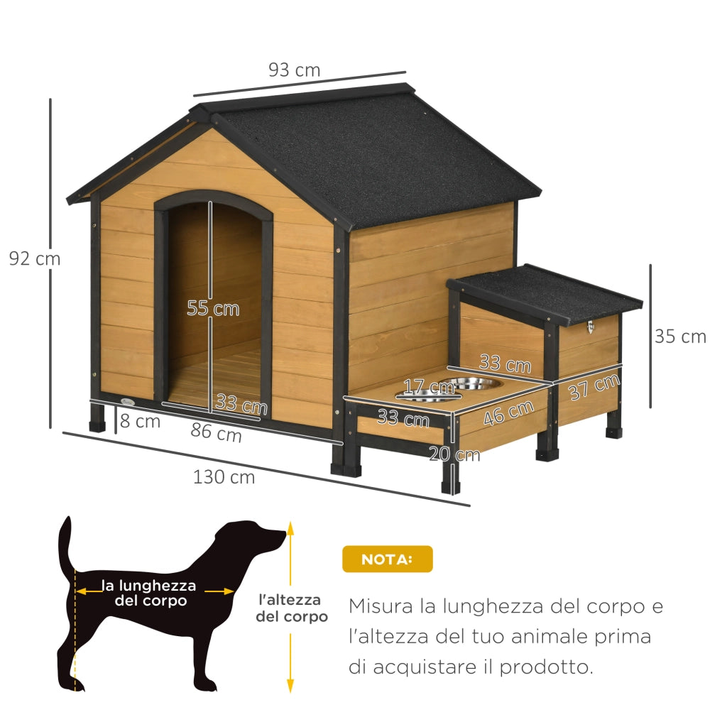 Easycomfort Cuccia per Cani Taglia Media con 2 Porta Ciotole, Box Esterno e Tetto in Bitume, 130x93x92cm