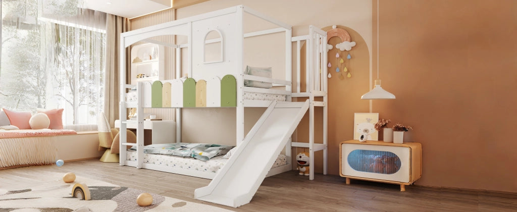 DESMIU Letto a castello bambino 90 × 200 cm con scivolo, scala di sicurezza e finestra, senza materasso, in legno, bianco