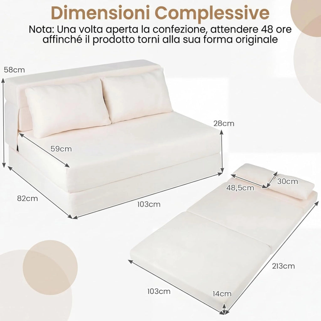 3 in 1 Divano Letto Pieghevole, Poltrona Letto Convertibile con 2 Cuscini, Divano a 2 Posti in Tessuto Chenille, per Soggiorno Camera da Letto Ufficio (Beige,L)