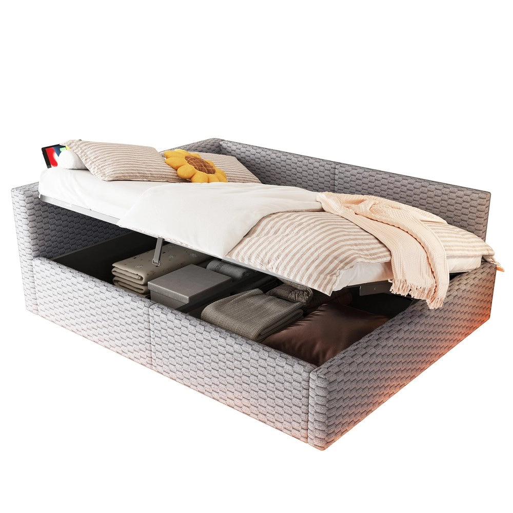 Letto imbottito con LED - Zephmum-140x200cm-Grigio-LED,USB,schienale L