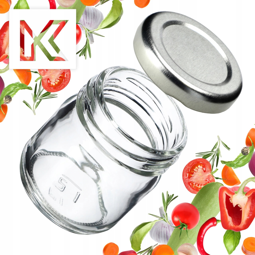 Barattoli di vetro KADAX Halli 40 ml 50 pezzi 43 mm + coperchi argento