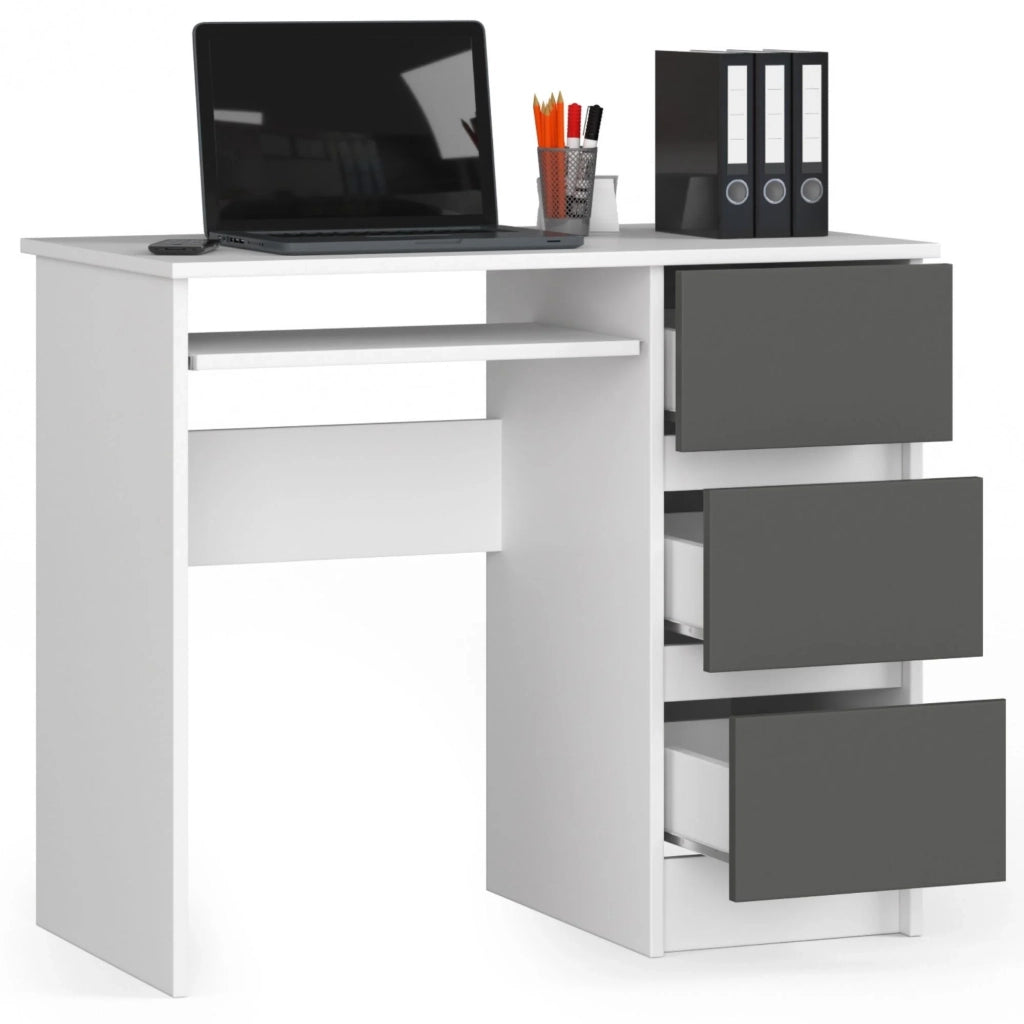 Scrivania per computer AKORD A6 Bianco 90 cm 3 cassetti inserto frontale Grigio Grafite 90x50x77 cm Modello a destra