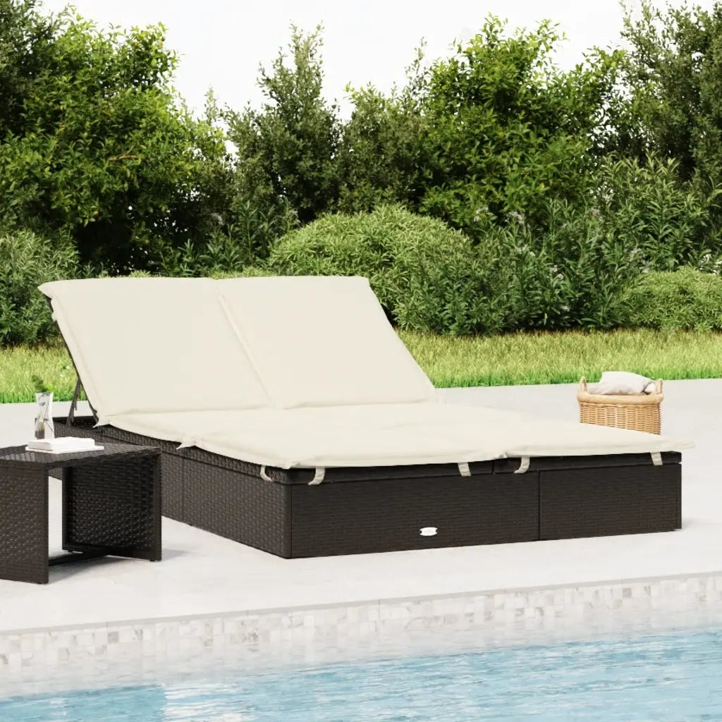 Lettino Prendisole | Sdraio da giardino | Lettino da sole 2 Persone con Cuscini Nero in Polyrattan