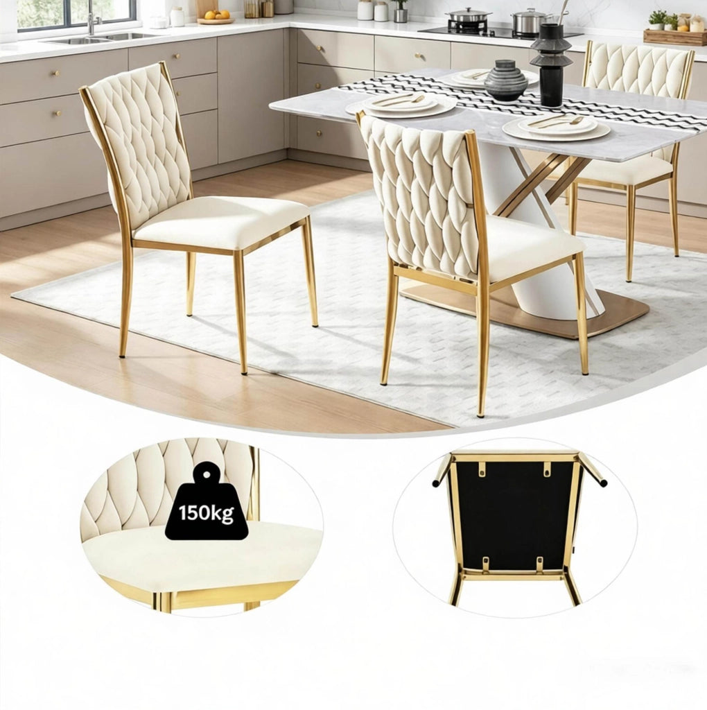 Set di 2 sedie da pranzo in velluto crema e oro