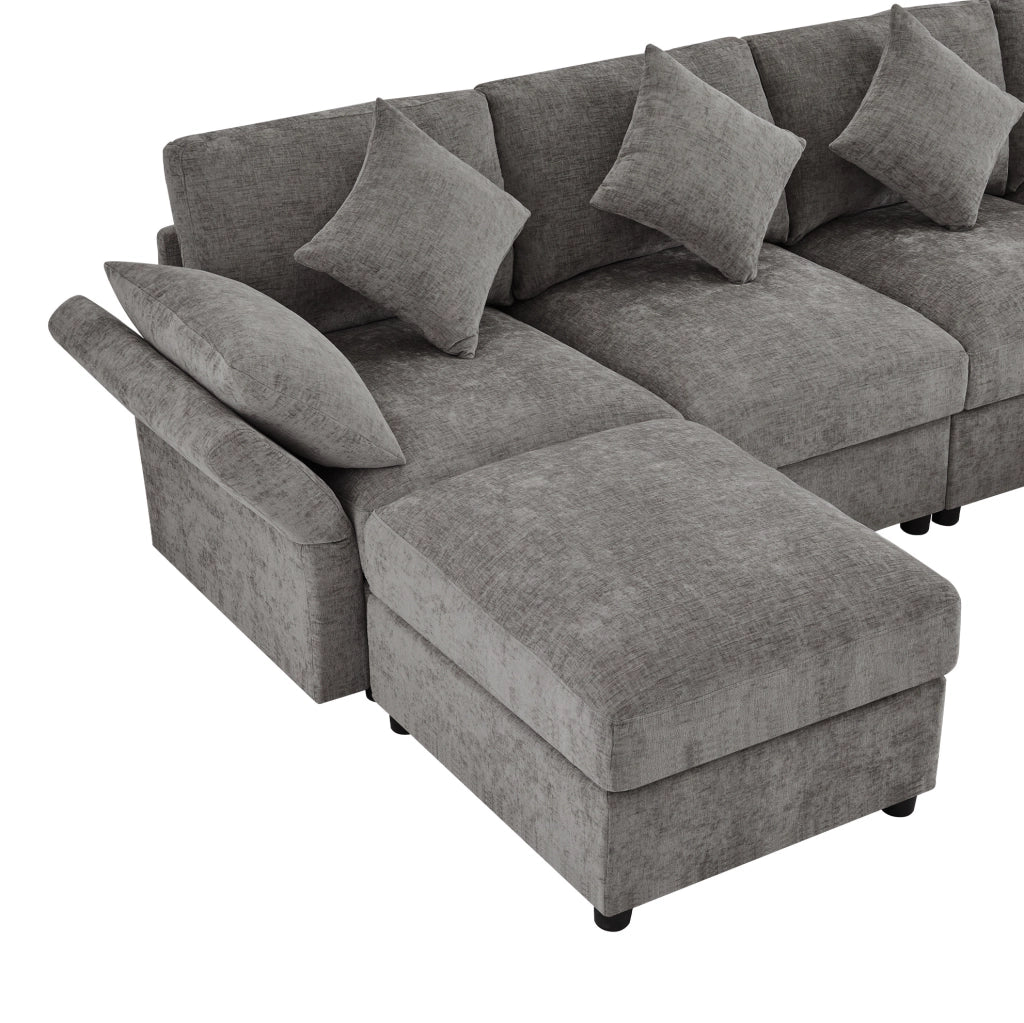 Sofa modulare ad angolo a forma di U/L in tessuto chenille grigio con 2 pouf e 6 cuscini