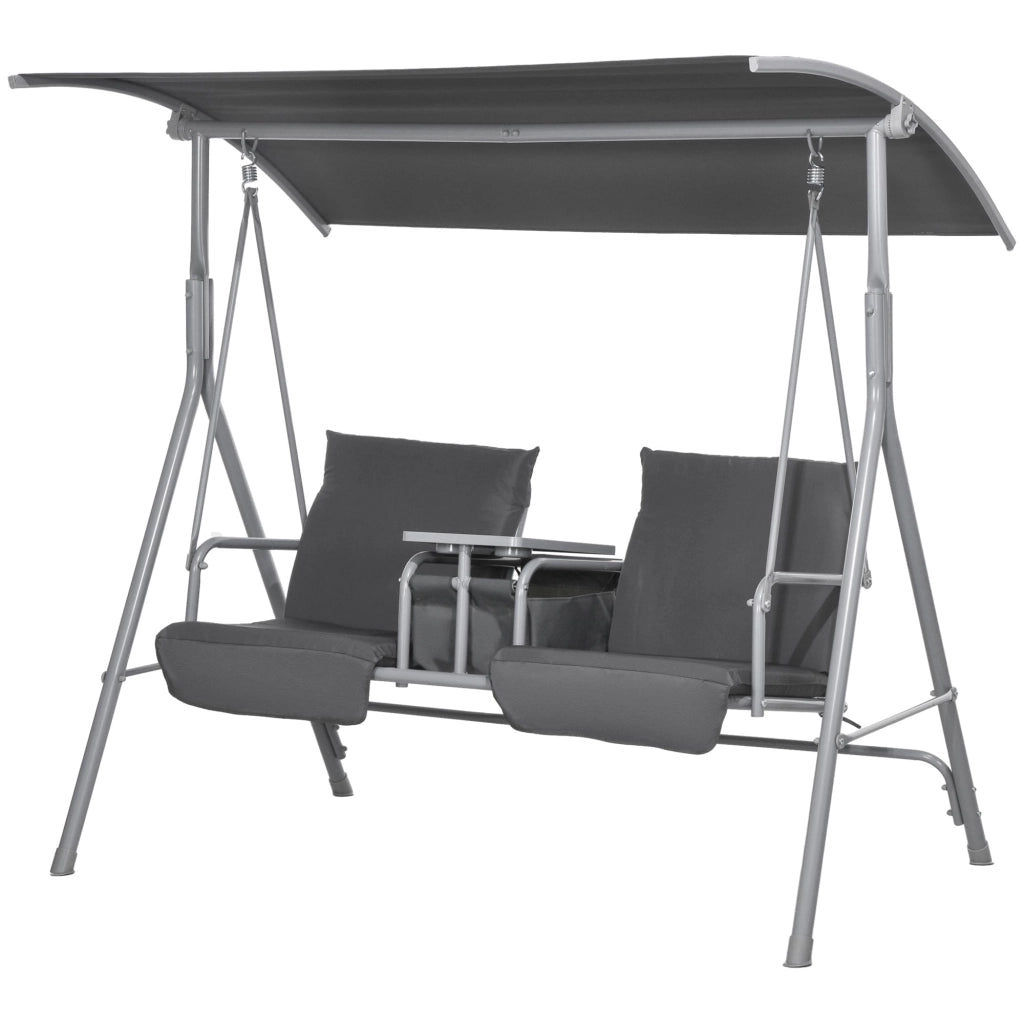 Dondolo 2 Posti con Tavolino e Portabicchieri 175x110x165 cm in Metallo e Poliestere Grigio
