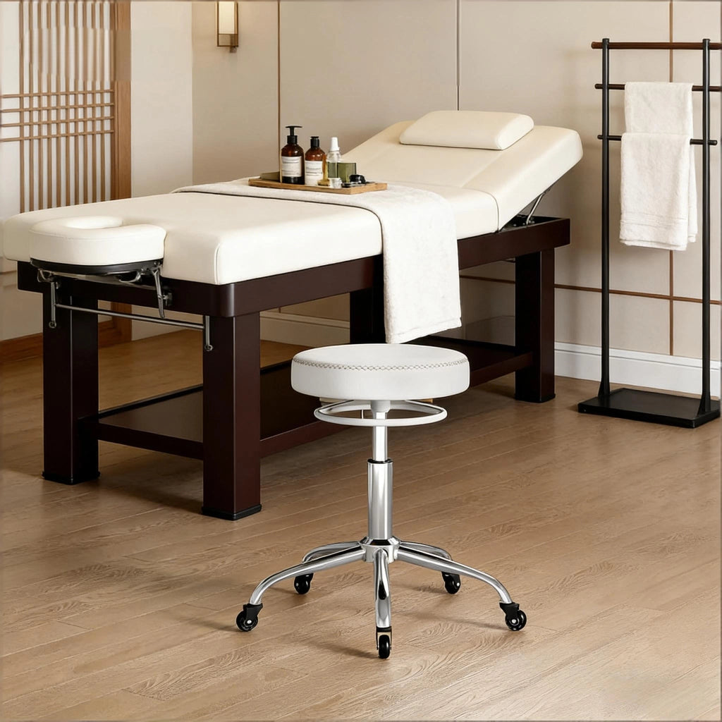 Sgabello da ufficio girevole con altezza regolabile, ruote e seduta imbottita ergonomica in PU e metallo bianco