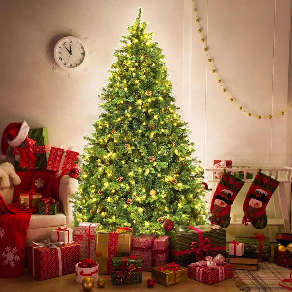 Albero di natale artificiale 210cm con 460 LED, 61 pigne, 925 rami e un supporto in metallo