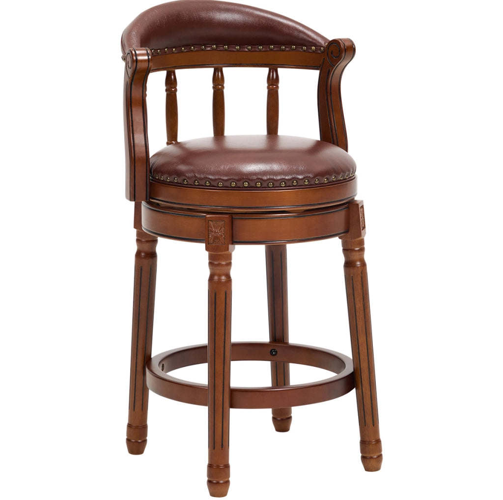 Sgabello da Bar in Legno con Seduta in Pelle di Mucca, Girevole a 360°, Altezza 66 cm, Schienale, Colore Avorio