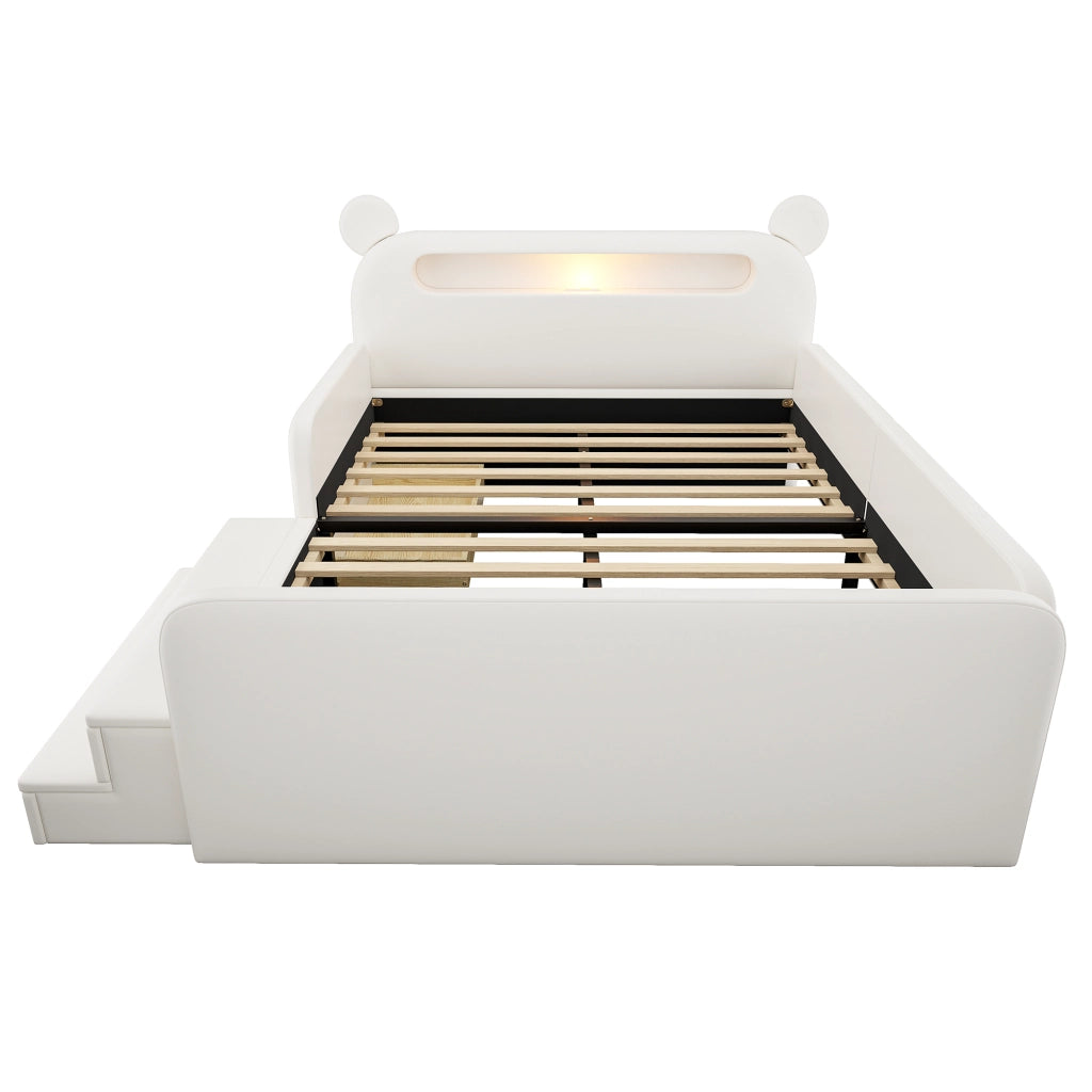 Letto imbottito per bambini con testiera a orso e USB, 140x200 cm, bianco
