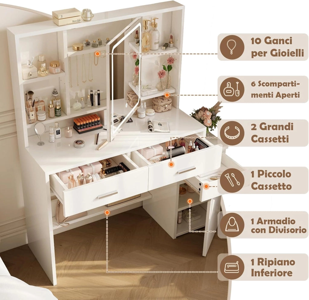Toeletta Trucco con Luci LED,Tavolo da Trucco con Specchio,3 con Luminosità Regolabile,Postazione Trucco con Cassetti,Ripiani Aperti,Moderno, Bianco